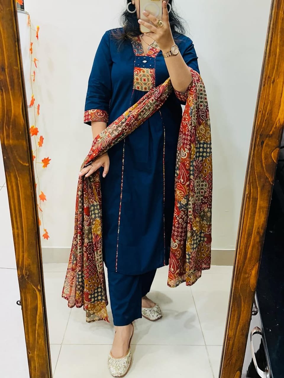 Mirror Work Cotton Suit with Kalamkari Dupatta